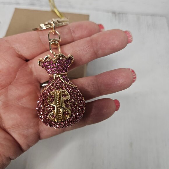 Pink Rhinestone Sparkle Money Bag Keychain Bag Charm - Picture 2 of 3